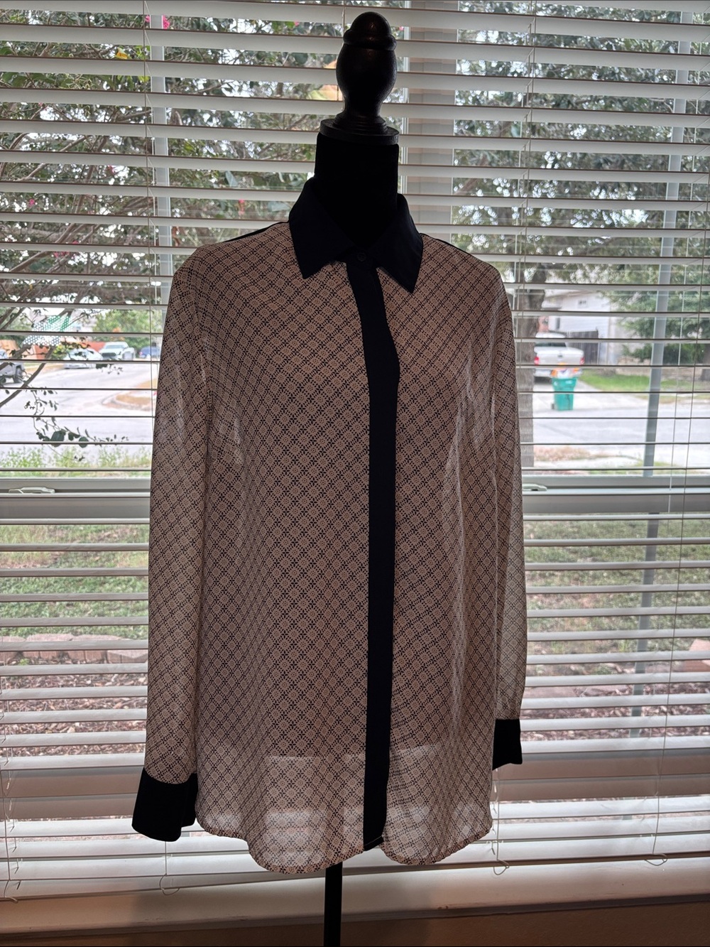 Coldwater Creek White Printed Sheer Blouse with Black Trim